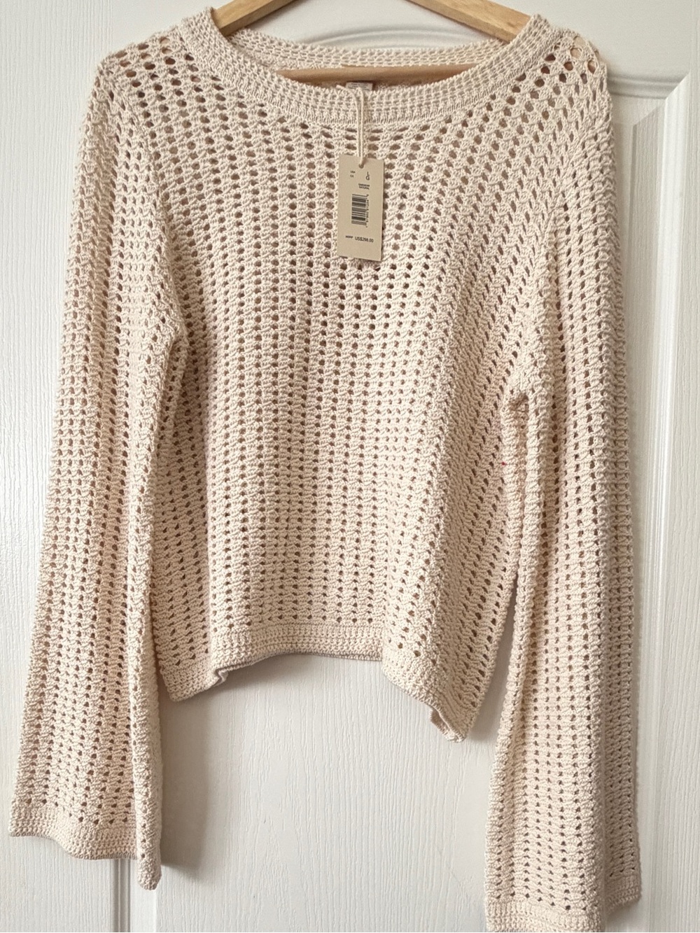 Magaschoni NWT Crochet Open Knit Cotton Sweater Natural Ivory Large